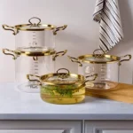 قابلمه پیرکس پروتی ترکیه با دسته و درب طلایی perotti