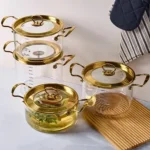 قابلمه پیرکس پروتی ترکیه با دسته و درب طلایی perotti